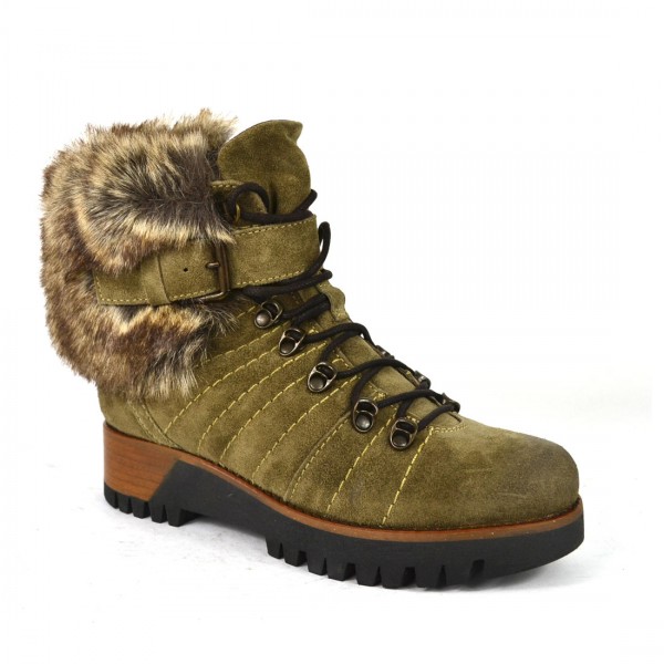 Manas Damen Schuhe Stiefelette Stiefel Winter Boots Fake Fur khaki